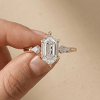 Elongated hexagon lab diamond three stone wedding ring