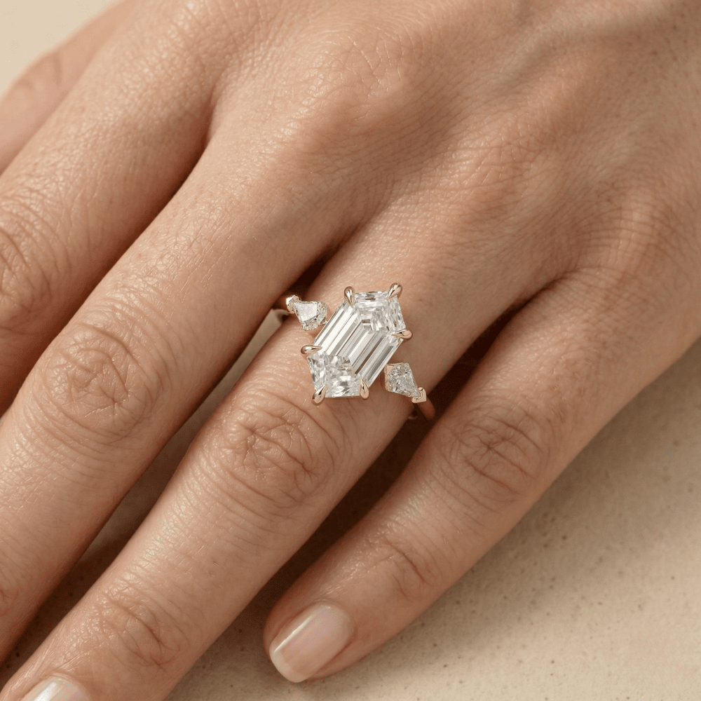 Elongated hexagon diamond ring for wedding proposal