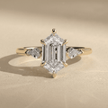 Elongated hexagon lab diamond three stone wedding ring