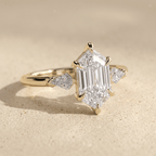 Elongated hexagon cut lab grown diamond engagement ring