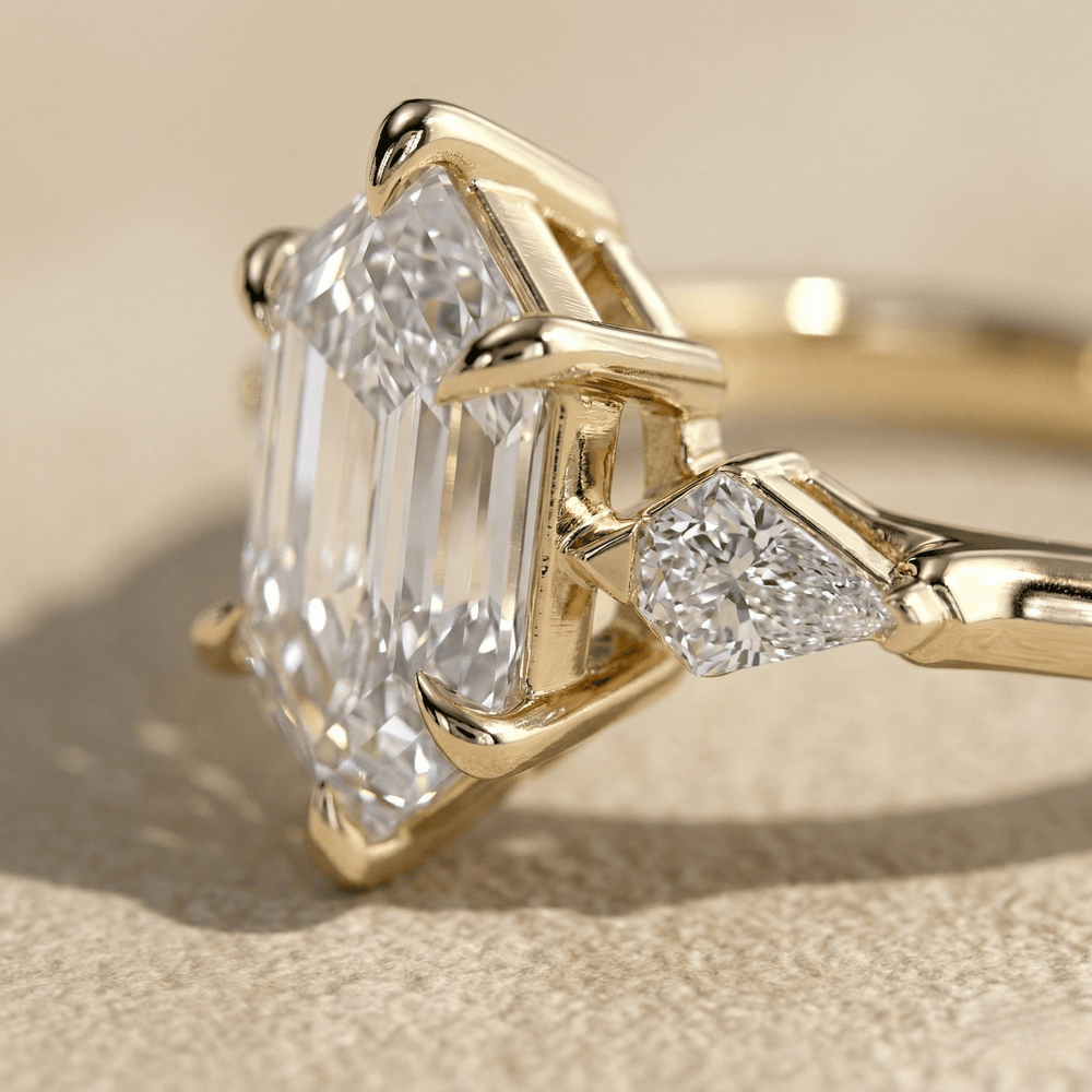 Three stone elongated hexagon diamond ring for women