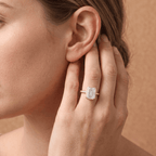 Emerald bezel set anniversary ring on hand Finger lifestyle shot