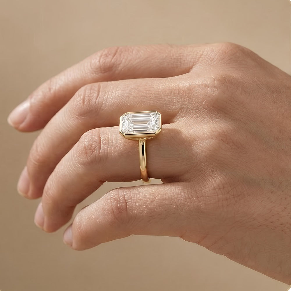 Emerald bezel set anniversary ring on hand Finger