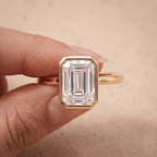 Emerald bezel set anniversary ring on hand