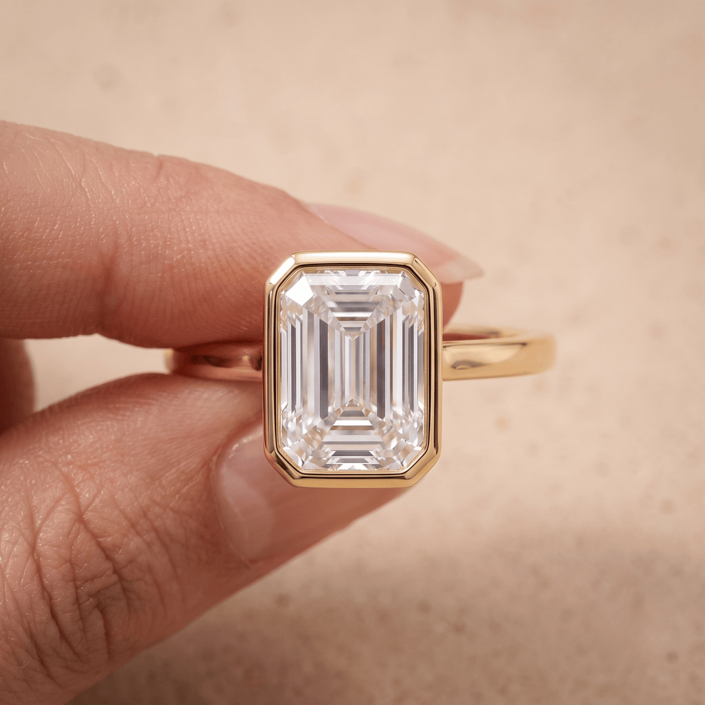 Emerald bezel set anniversary ring on hand