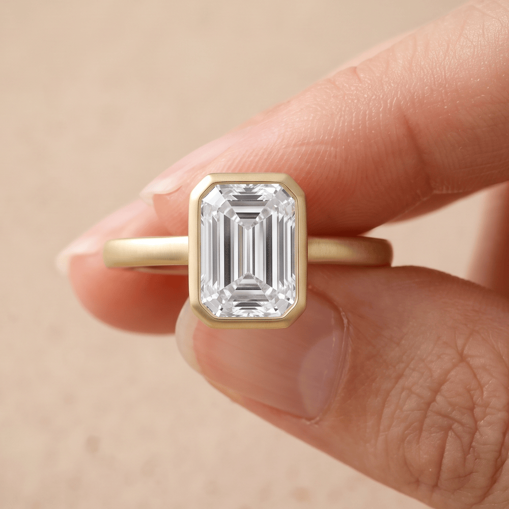 Emerald bezel set anniversary ring on hand
