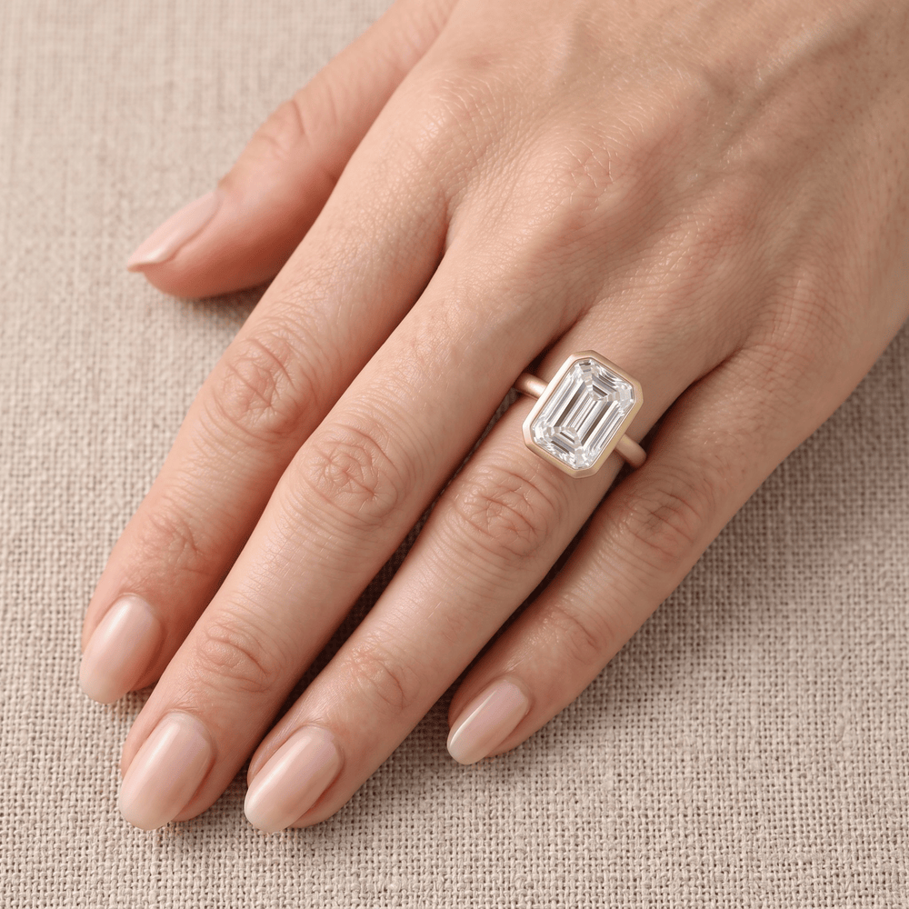 Emerald bezel set anniversary ring on hand Finger