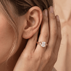 Emerald moissanite Celtic ring stacked with wedding band
