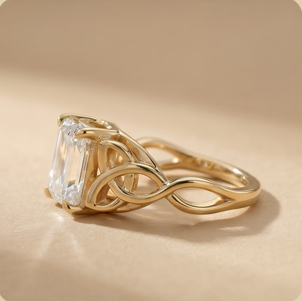 Emerald Celtic ring side view showing knotwork detail