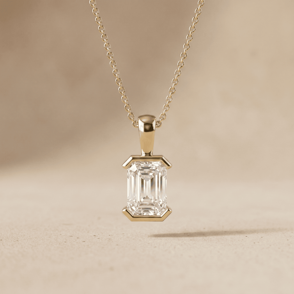 Emerald Cut Bezel Pendant Necklace in Gold Classic Solitaire