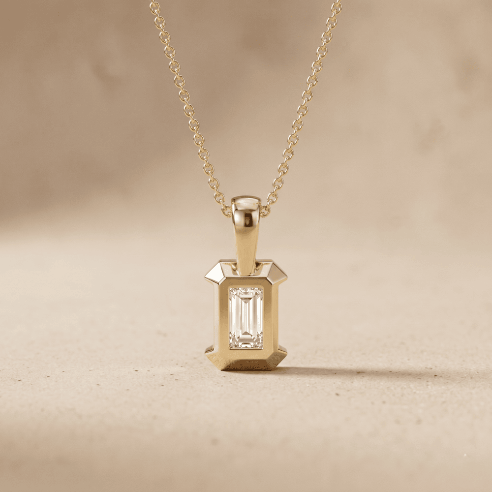 Emerald Cut Bezel Pendant Necklace in Gold Classic Solitaire