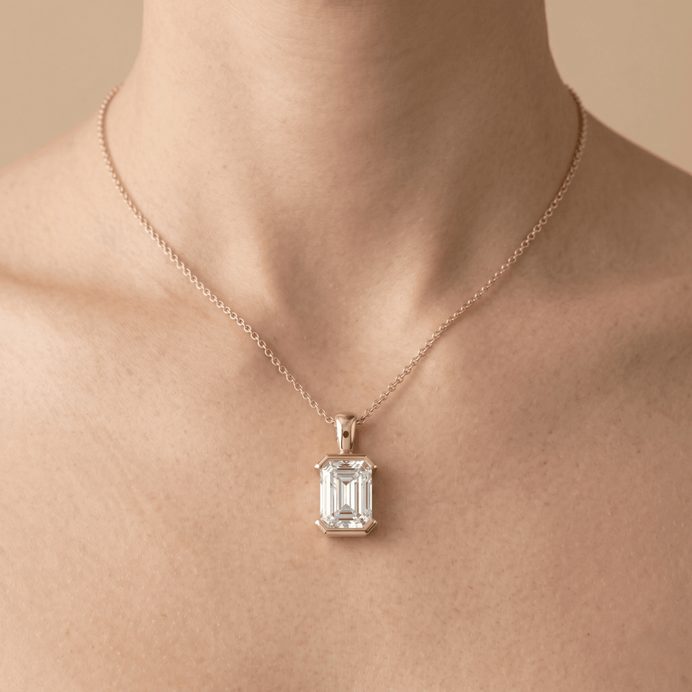 Emerald Cut Bezel Pendant Necklace in Gold Classic Solitaire