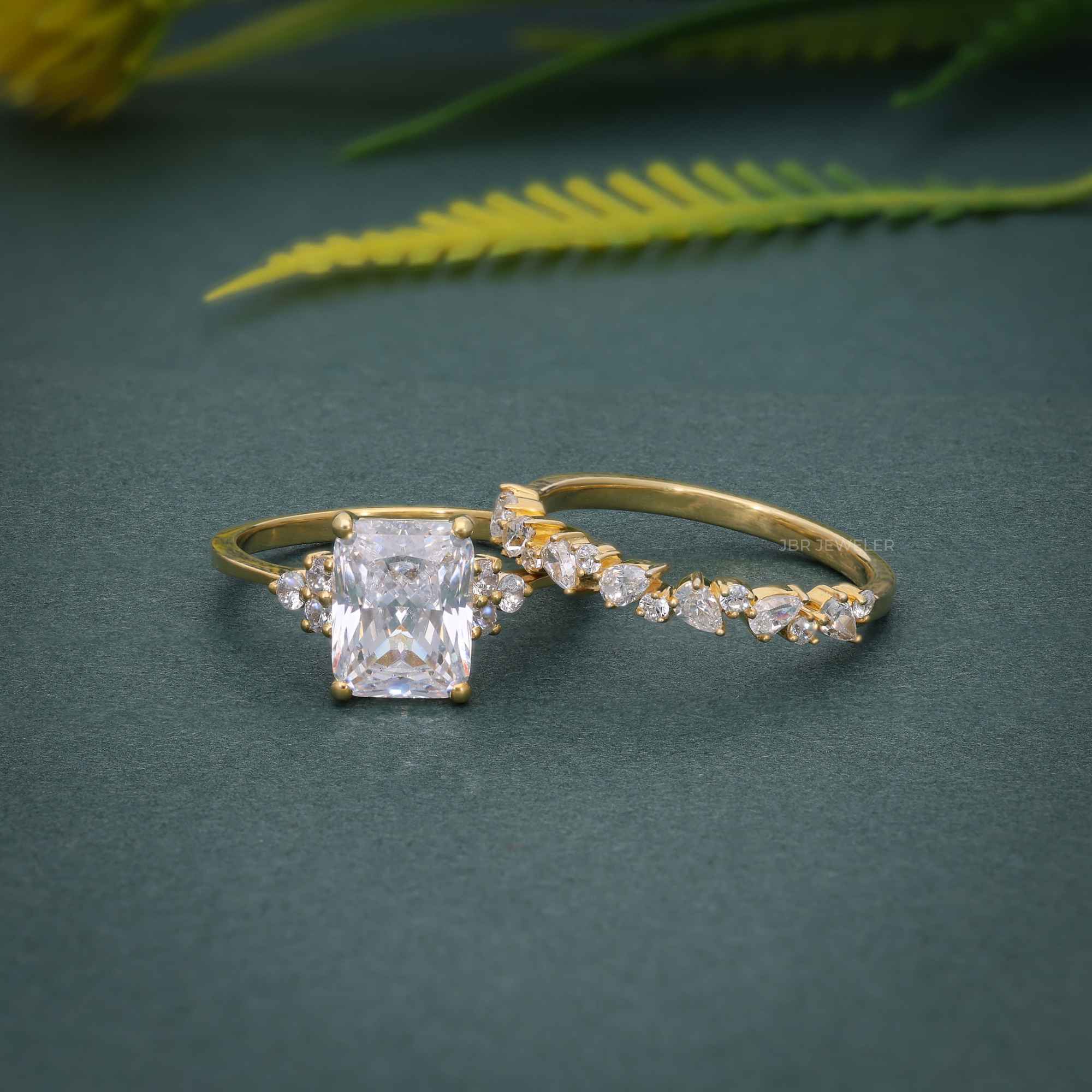 Emerald Cut Cluster Moissanite Diamond Engagement Ring Bridal Sets