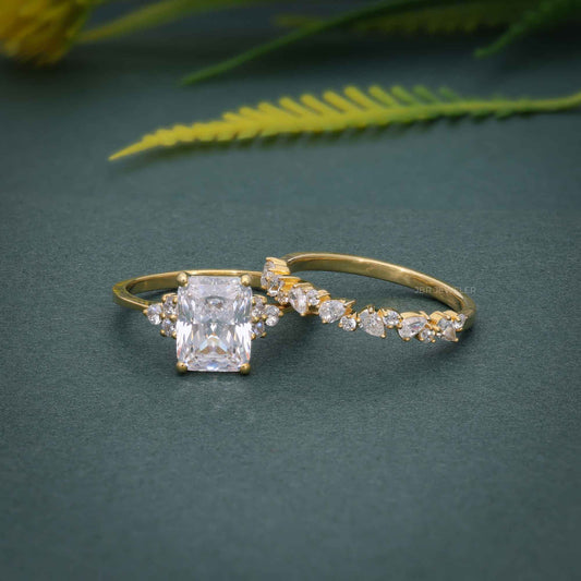 Radiant Cut Cluster Moissanite Diamond Engagement Ring Bridal Sets