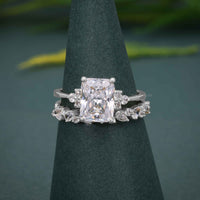 Emerald Cut Cluster Moissanite Diamond Engagement Ring Bridal Sets