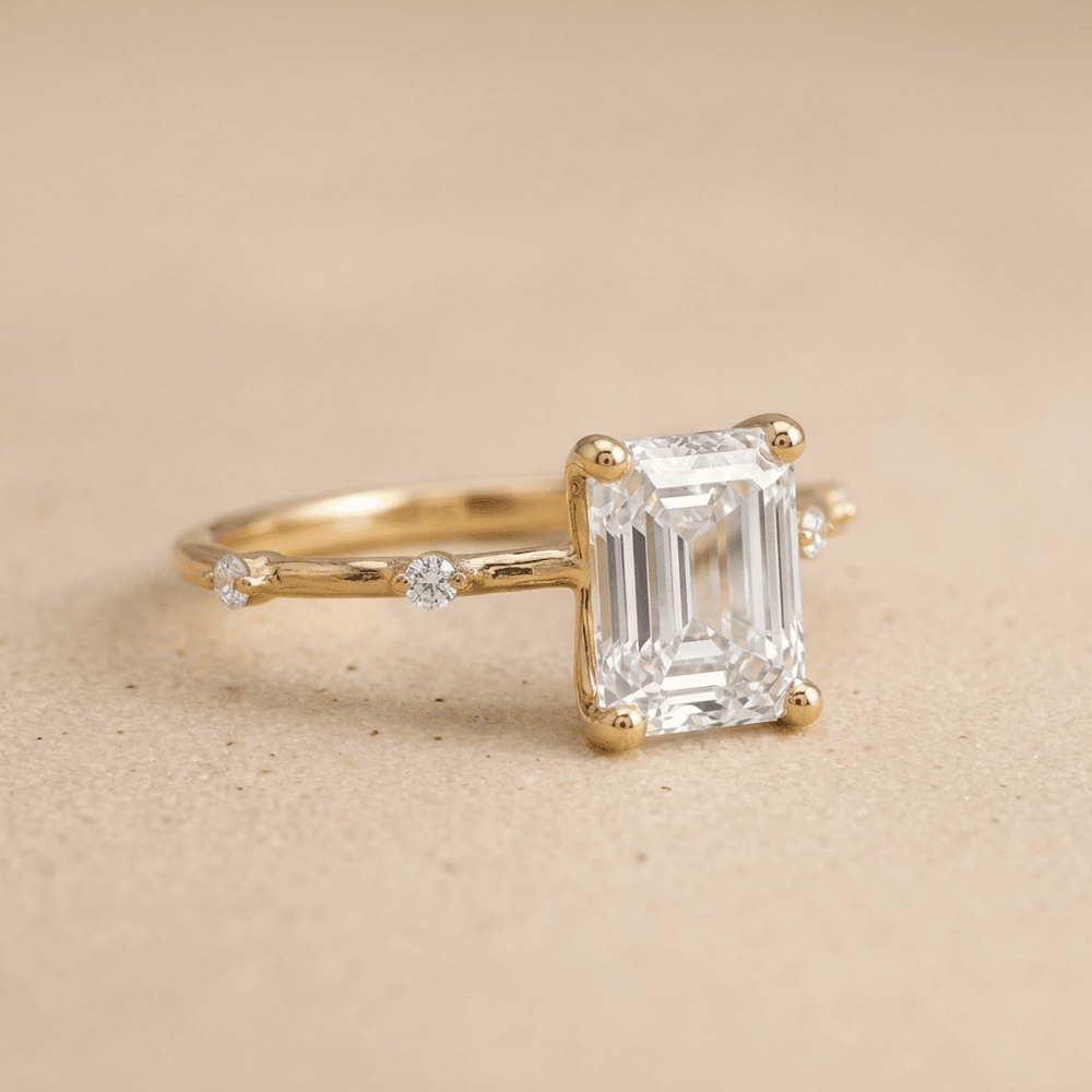 Close-up of emerald cut lab grown diamond ring