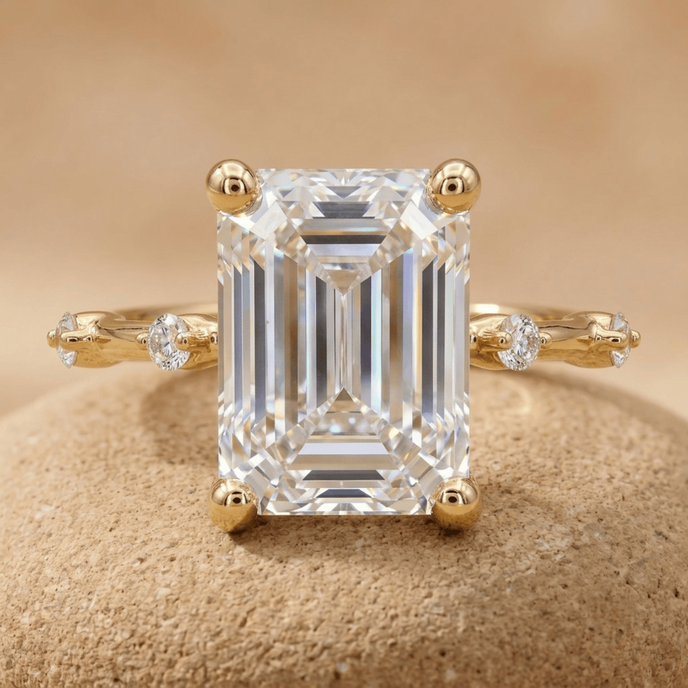 Emerald cut lab diamond engagement ring with 14K gold band