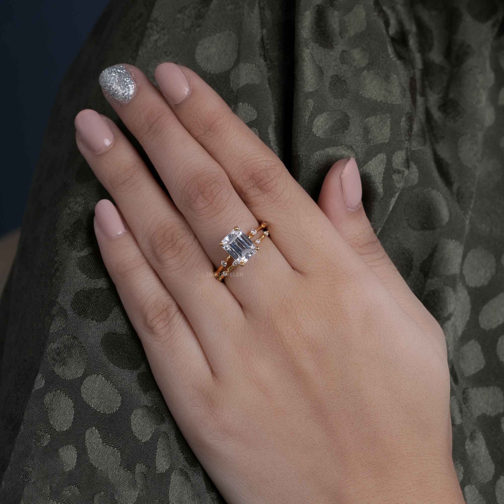 Emerald Cut Moissanite Engagement Ring With Matching Bridal Ring Set - JBR Jeweler