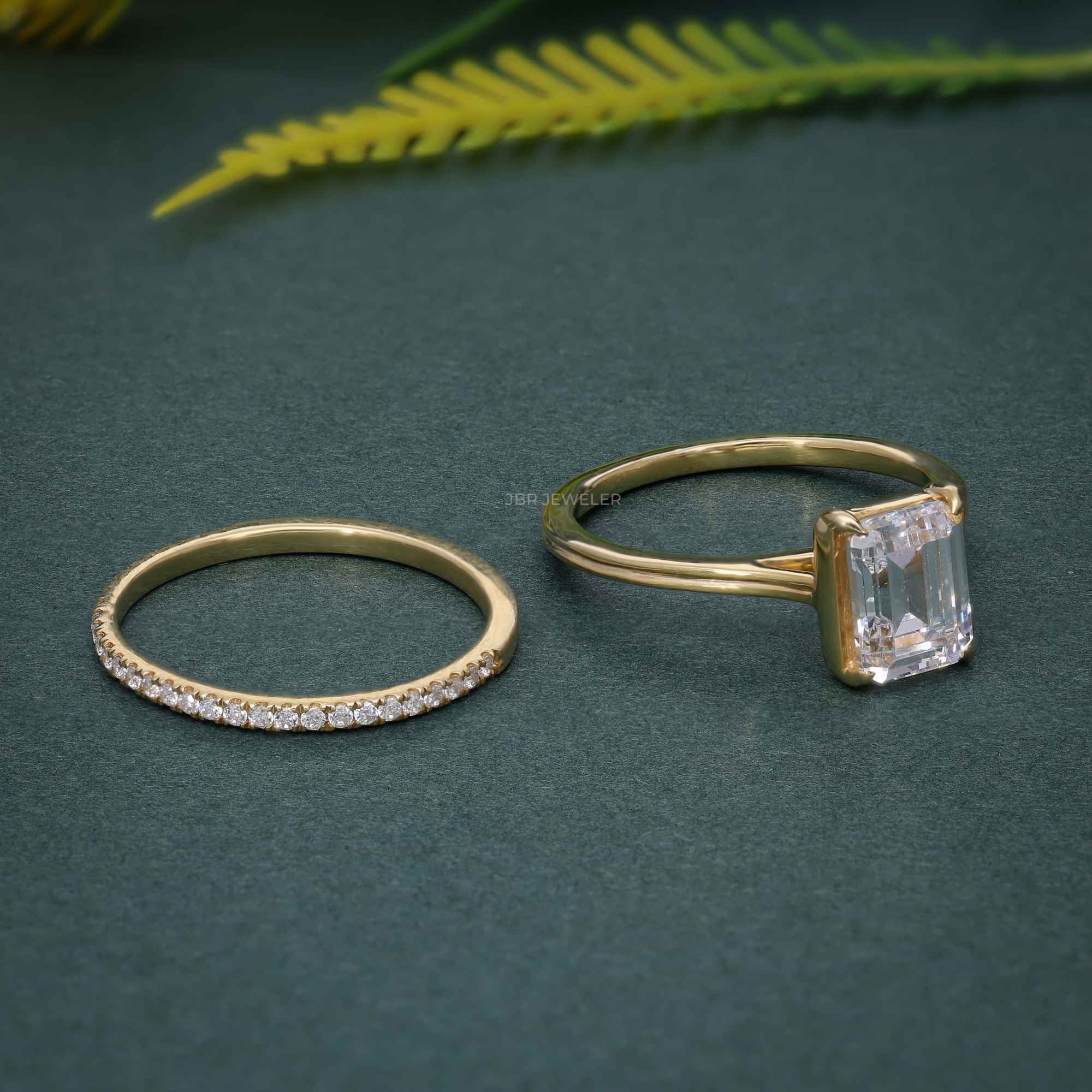 Emerald Cut Solitaire Lab Grown Diamond Semi Bezel Wedding Ring Sets With Matching Band - JBR Jeweler