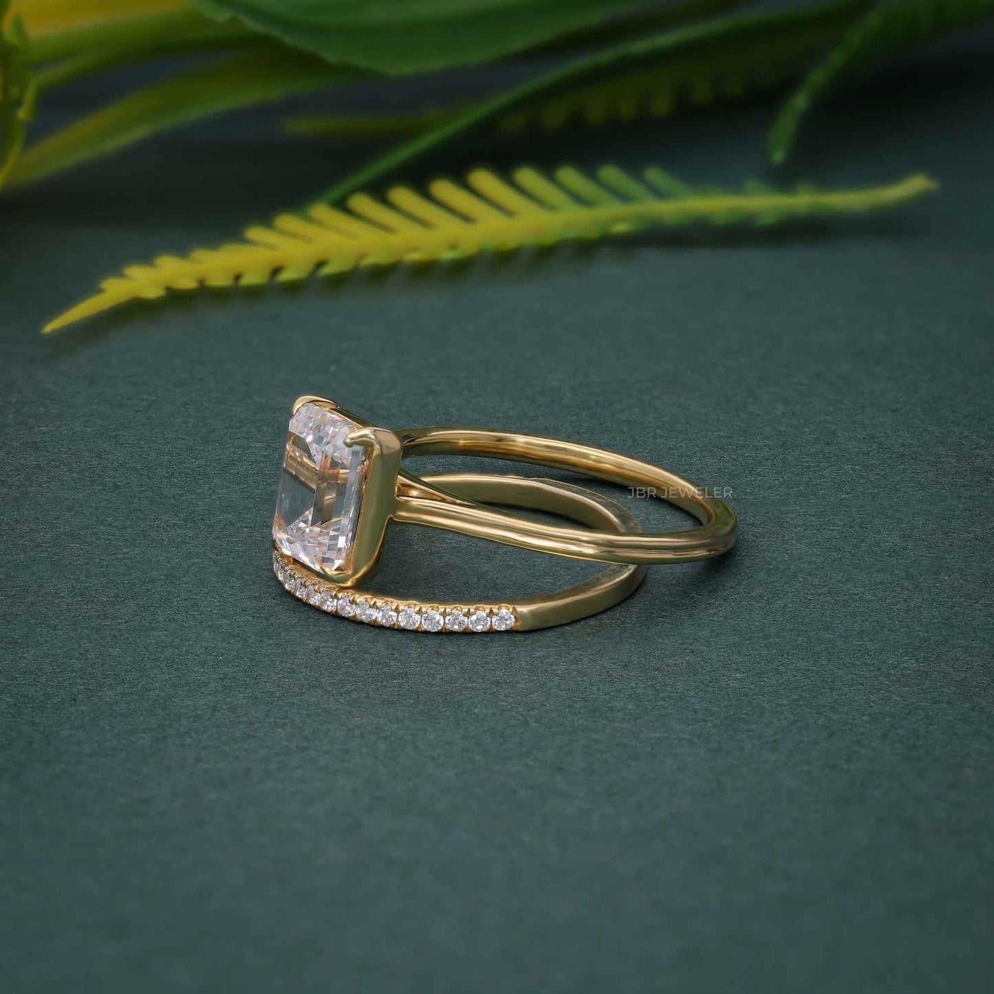 Emerald Cut Solitaire Lab Grown Diamond Semi Bezel Wedding Ring Sets With Matching Band