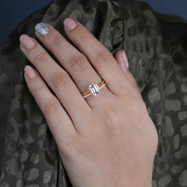 Emerald Cut Solitaire Moissanite Diamond Semi Bezel Wedding Ring Sets With Matching Band