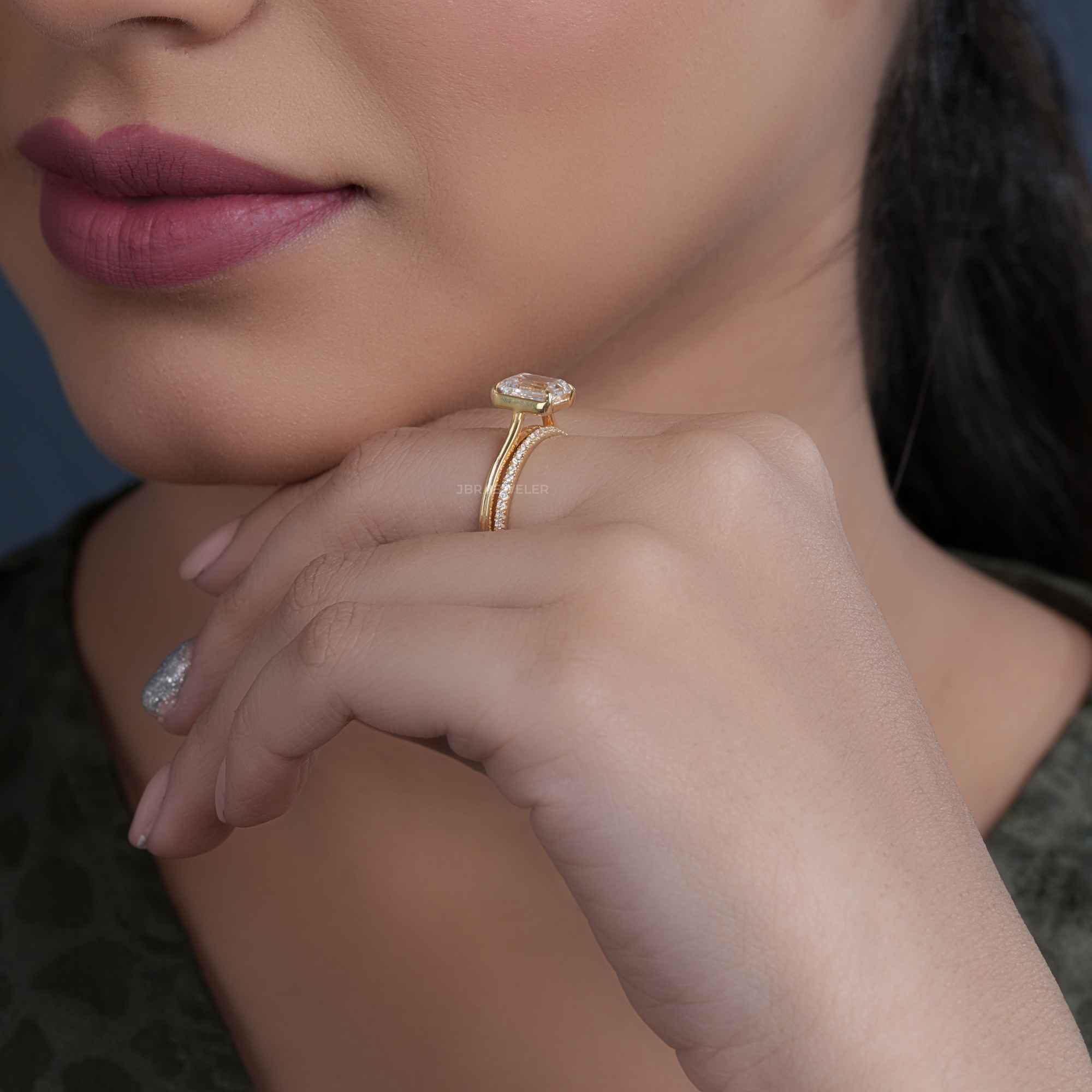 Emerald Cut Solitaire Lab Grown Diamond Semi Bezel Wedding Ring Sets With Matching Band - JBR Jeweler