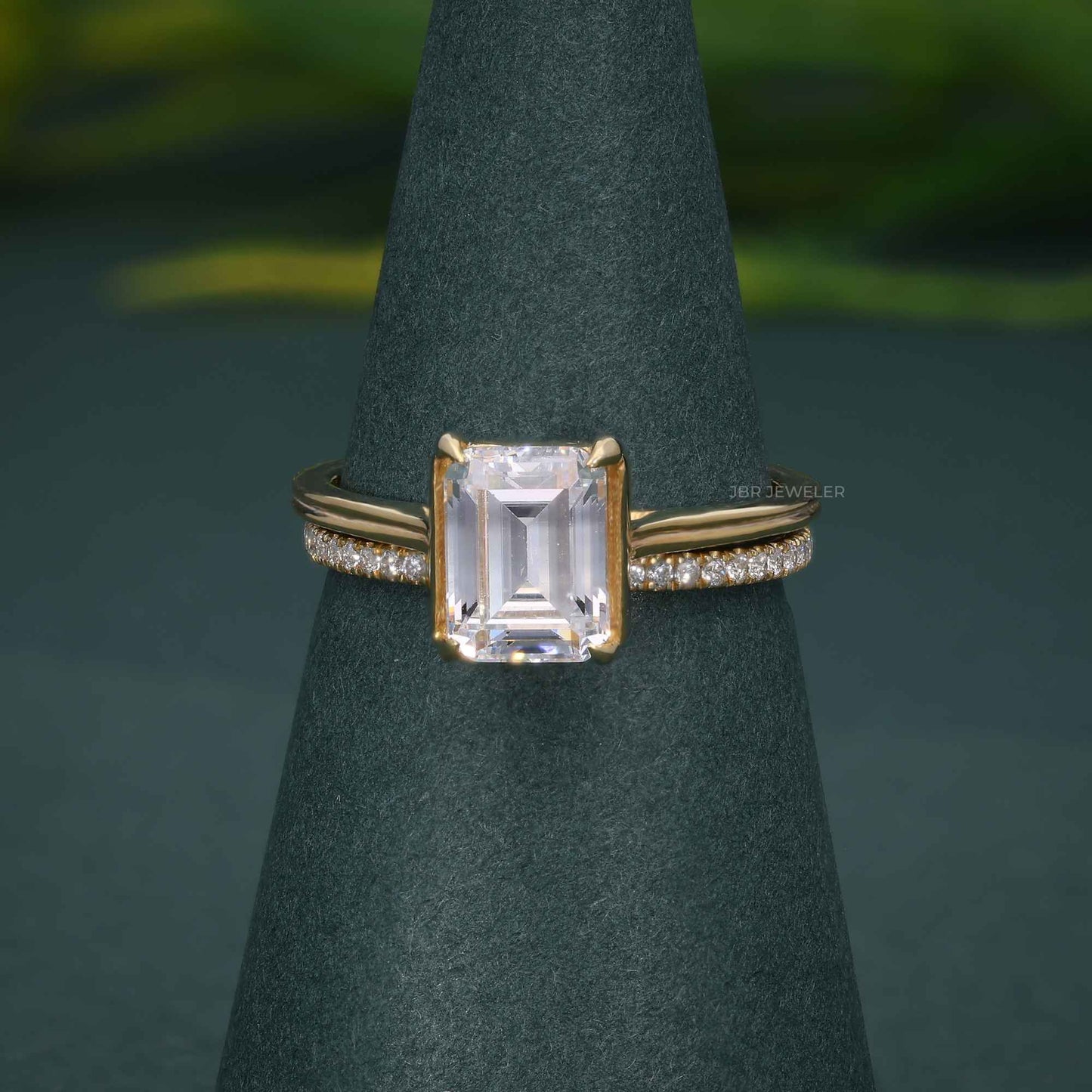 Emerald Cut Solitaire Lab Grown Diamond Semi Bezel Wedding Ring Sets With Matching Band