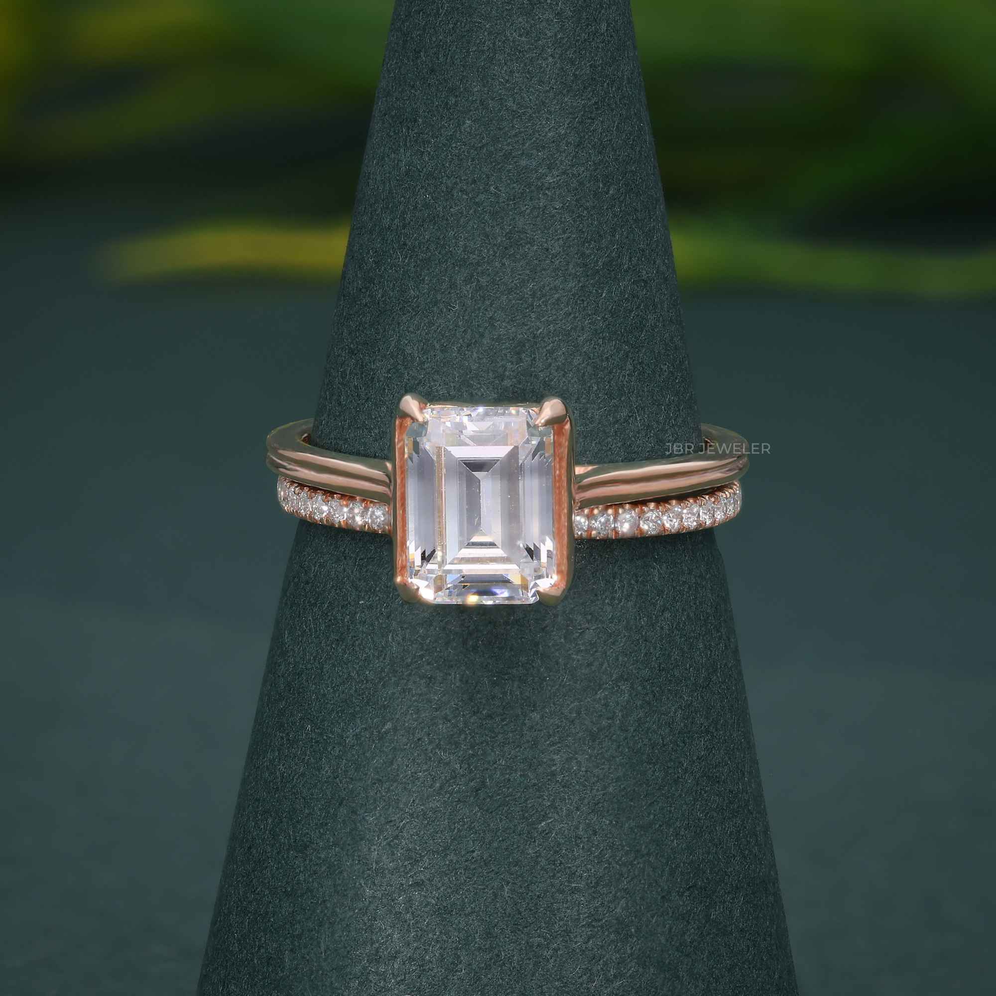 Emerald Cut Solitaire Lab Grown Diamond Semi Bezel Wedding Ring Sets With Matching Band - JBR Jeweler