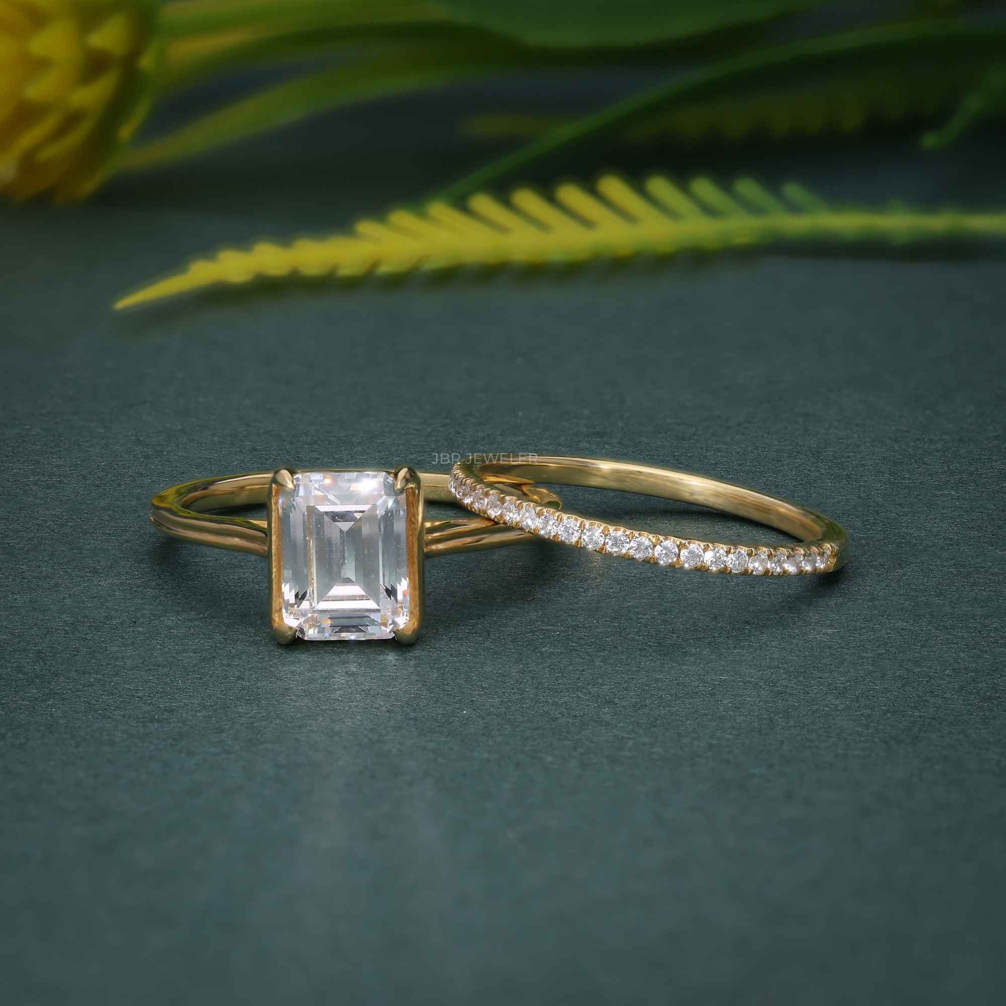 Emerald Cut Solitaire Lab Grown Diamond Semi Bezel Wedding Ring Sets With Matching Band