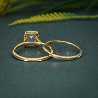 Emerald Cut Solitaire Lab Grown Diamond Semi Bezel Wedding Ring Sets With Matching Band