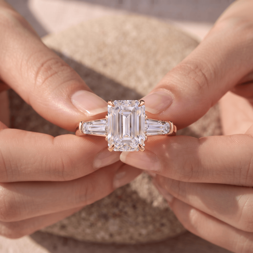 Emerald cut lab grown diamond ring with baguette side stones