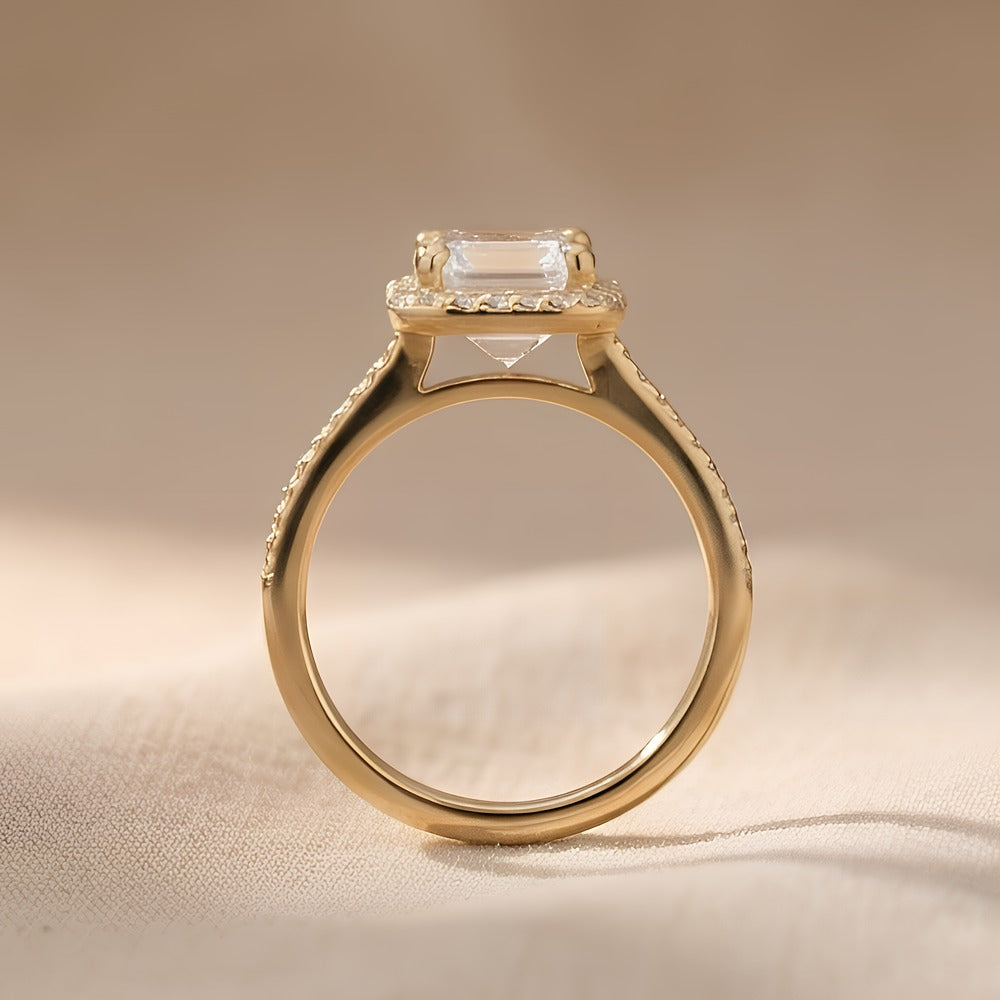 Diamond halo ring angled side view