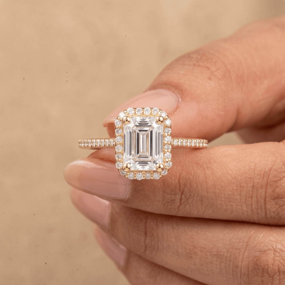 Emerald lab grown diamond halo ring