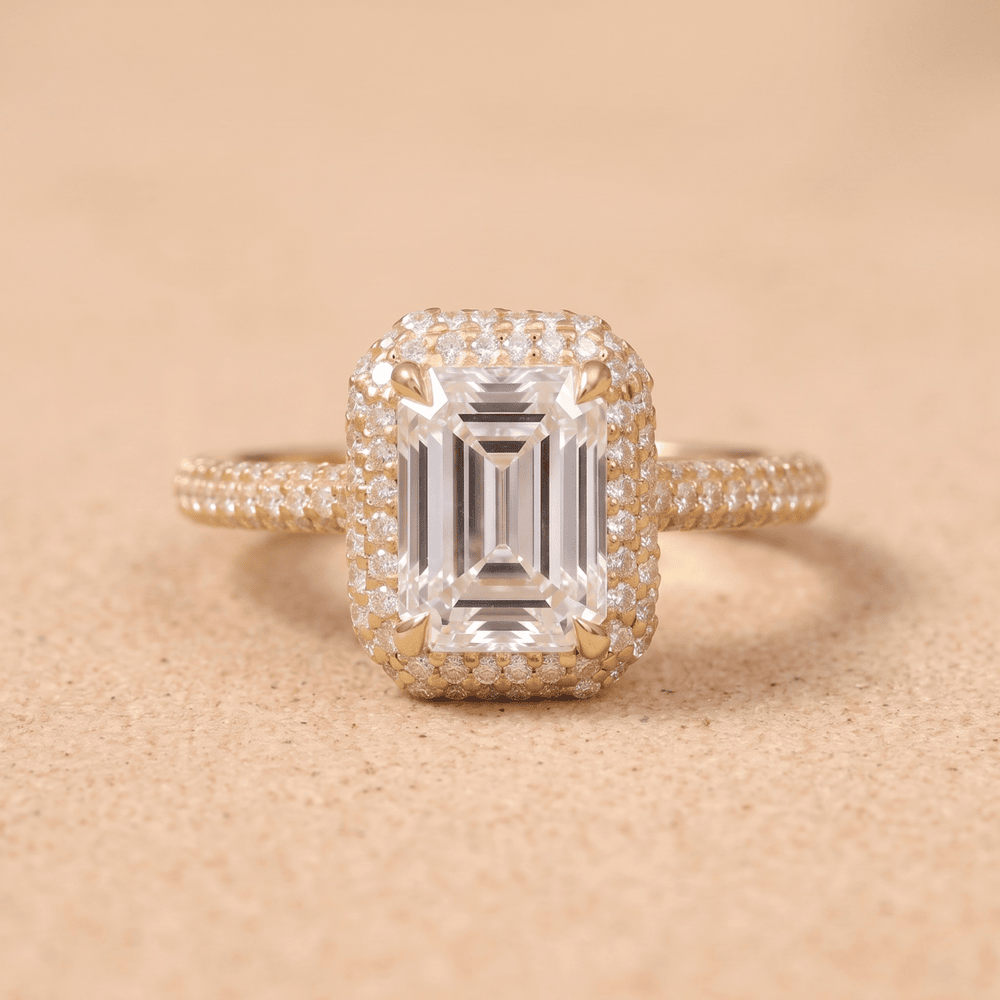 Emerald cut lab grown diamond halo ring in 14k gold