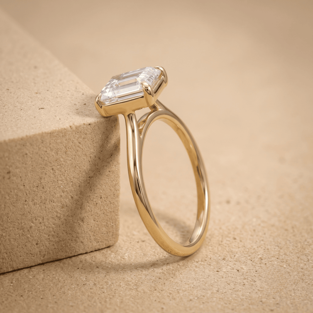 Emerald moissanite bridal ring side profile view