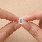 Emerald moissanite promise ring side profile on model hand