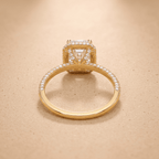 Emerald moissanite ring with diamond halo, side angle