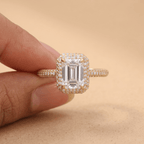 Emerald cut halo ring with micro pave accents