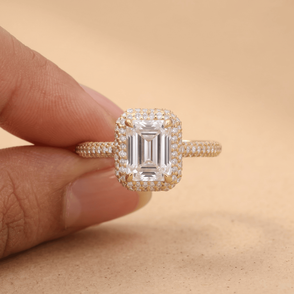 Emerald cut halo ring with micro pave accents