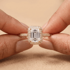Emerald cut moissanite halo ring, top view detail