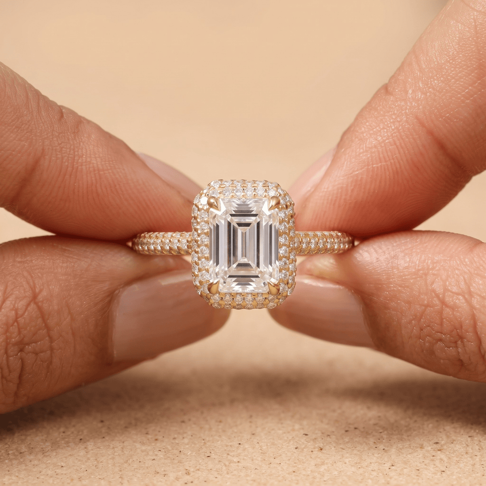 Emerald cut moissanite halo ring, top view detail