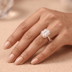 Moissanite emerald engagement ring, close-up halo detail