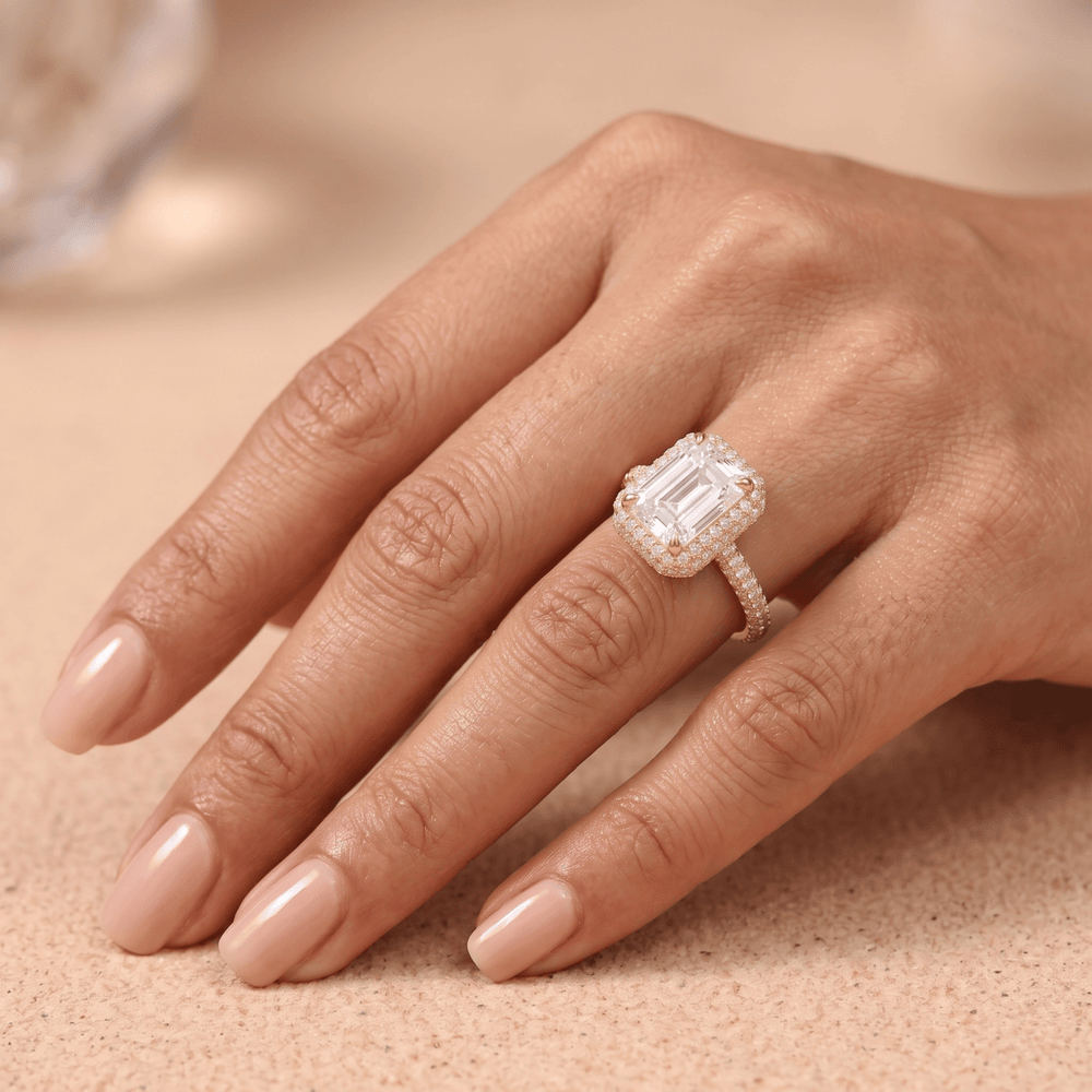 Moissanite emerald engagement ring, close-up halo detail