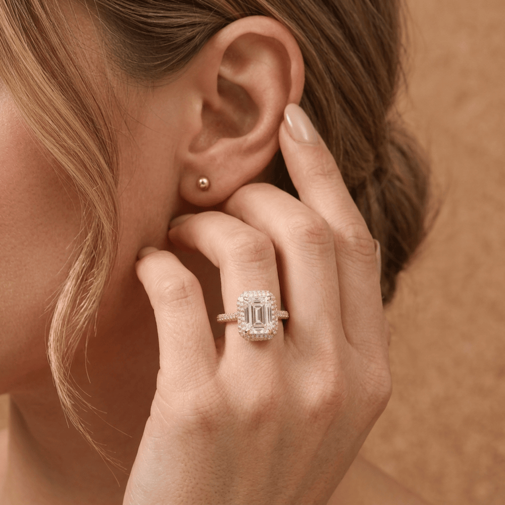 Emerald halo ring, custom wedding gift lifestyle shot