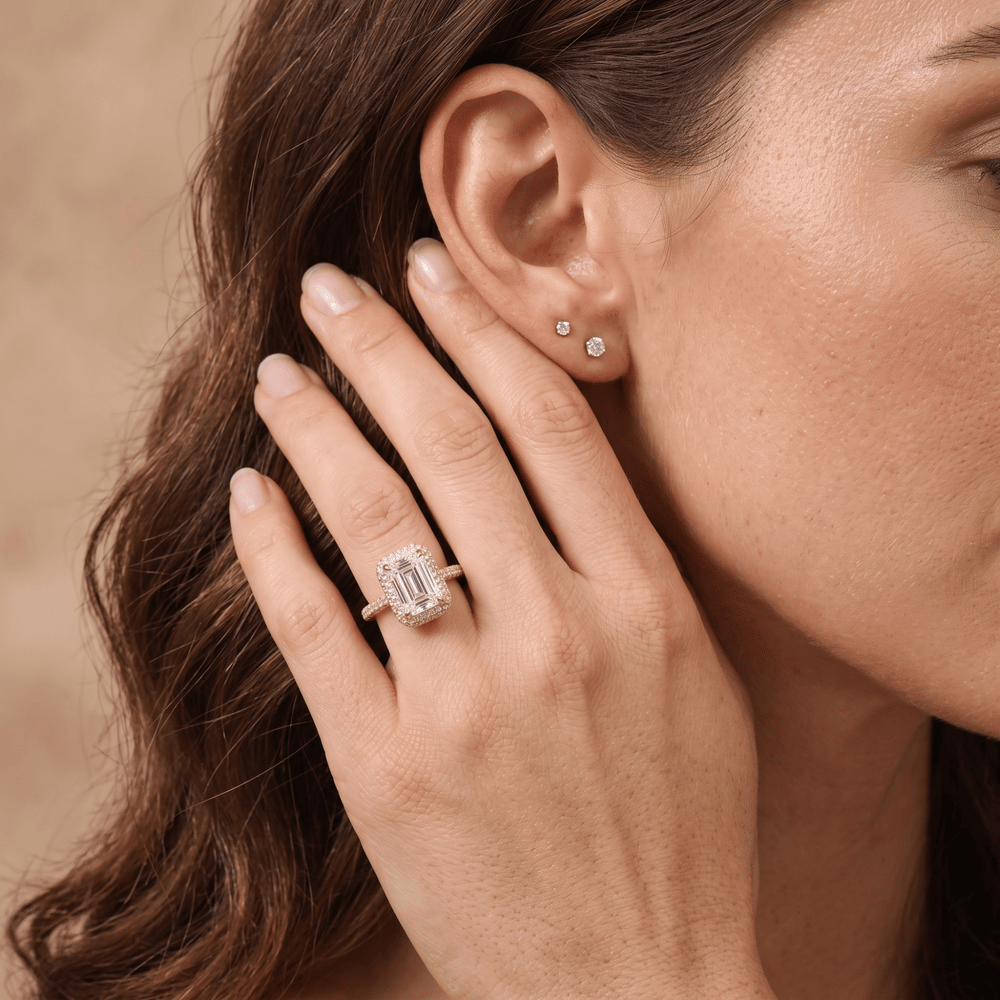 Emerald halo ring, custom wedding gift lifestyle shot