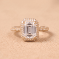 Emerald moissanite petite halo ring, custom wedding gift