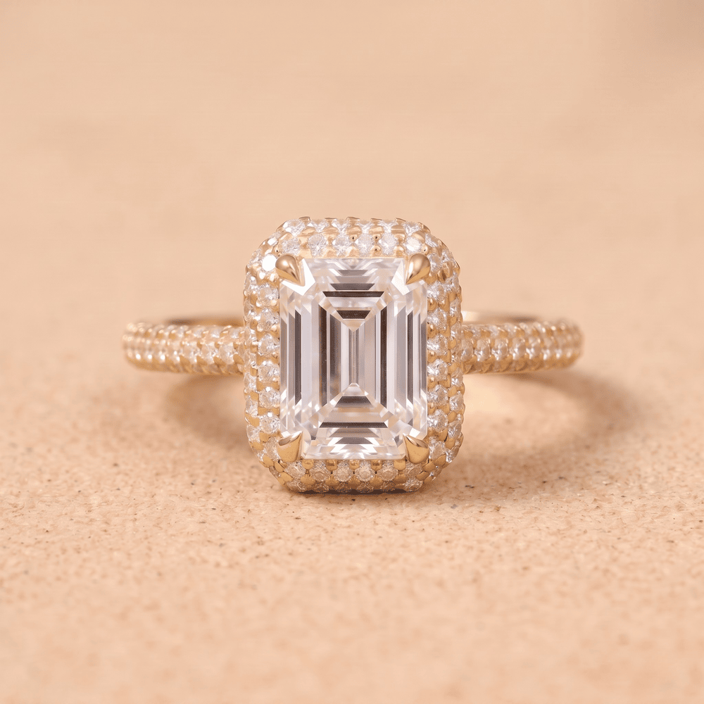Emerald moissanite petite halo ring, custom wedding gift