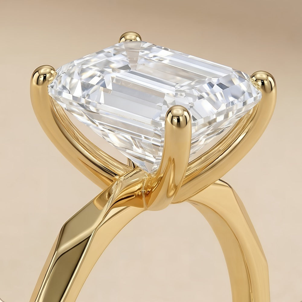 Lab-grown moissanite emerald cut ring close-up