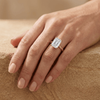 Ethically sourced moissanite engagement ring on hand