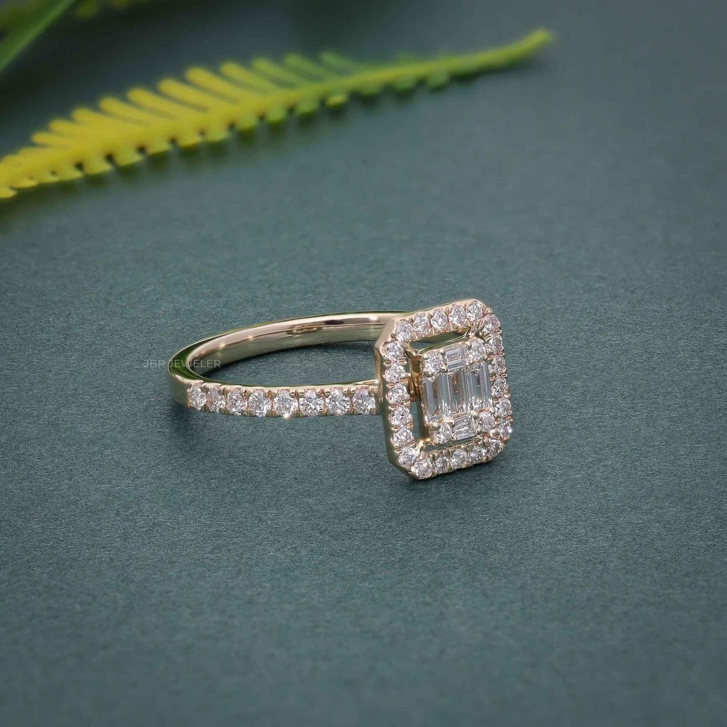 Floating Halo Baguette Diamond Ring |Moissanite| Yellow/White/Rose Gold